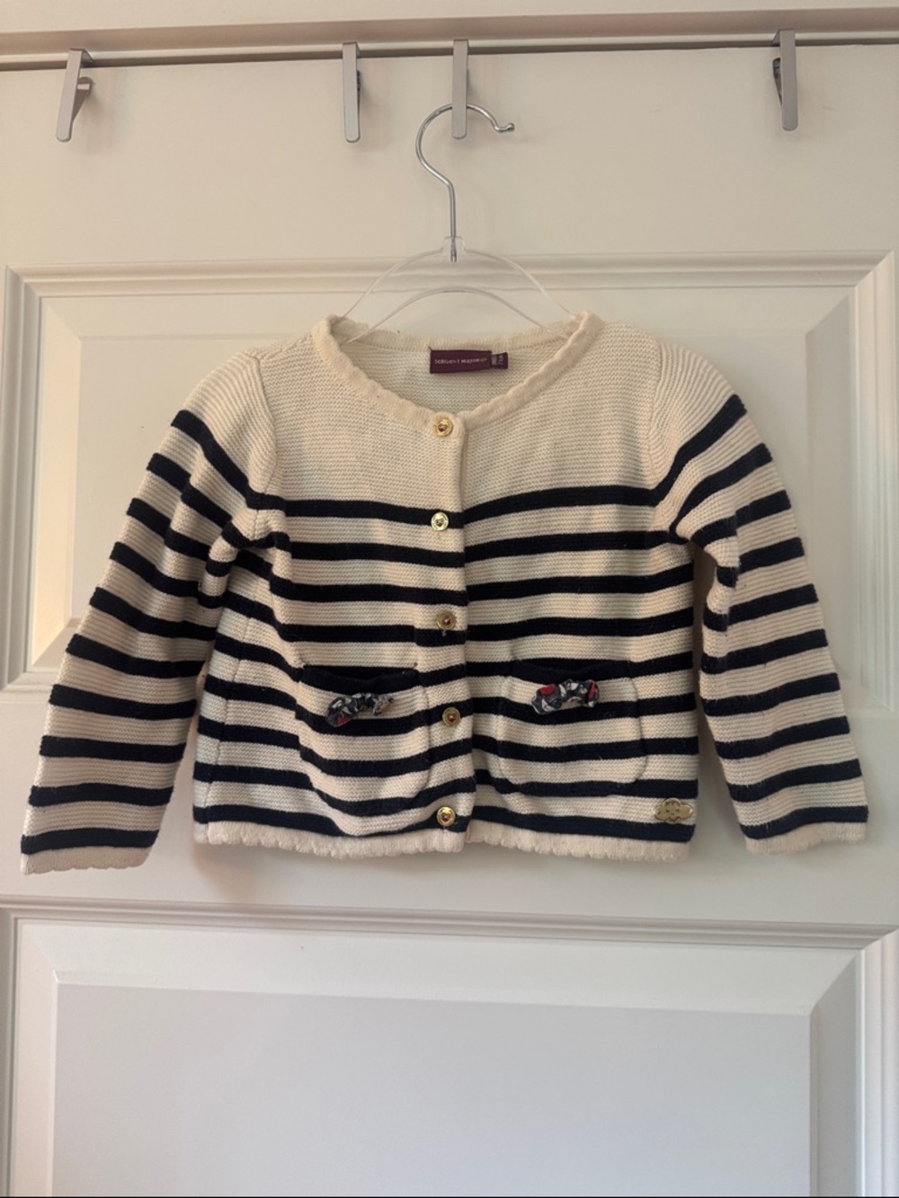 Sergent Major, Classic Striped Crewneck Cardigan - Cream & Navy, baby 9 months